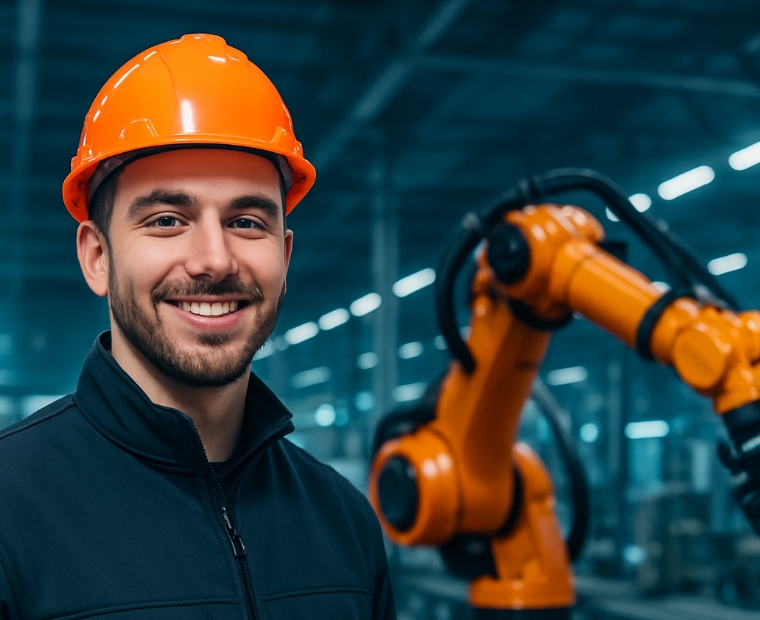 Manufacturing worker with robotic arm